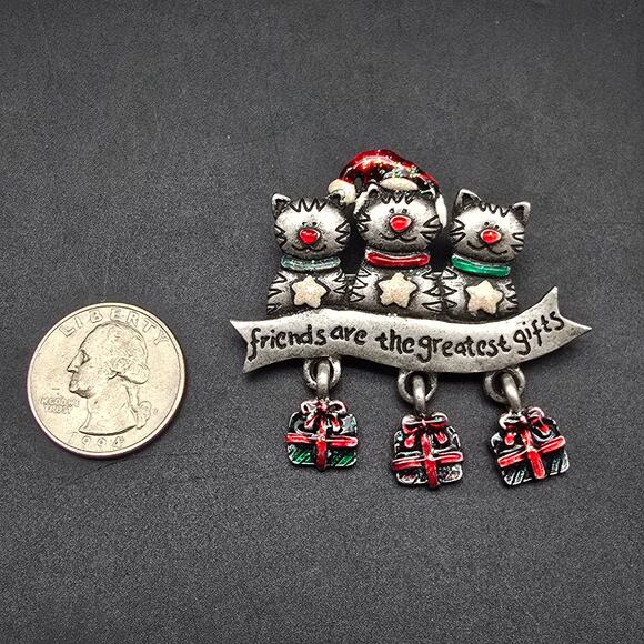 AJMC Christmas Cat Brooch for Friend Friends Are Greatest Gift Holiday Jewelry - Picture 2 of 6